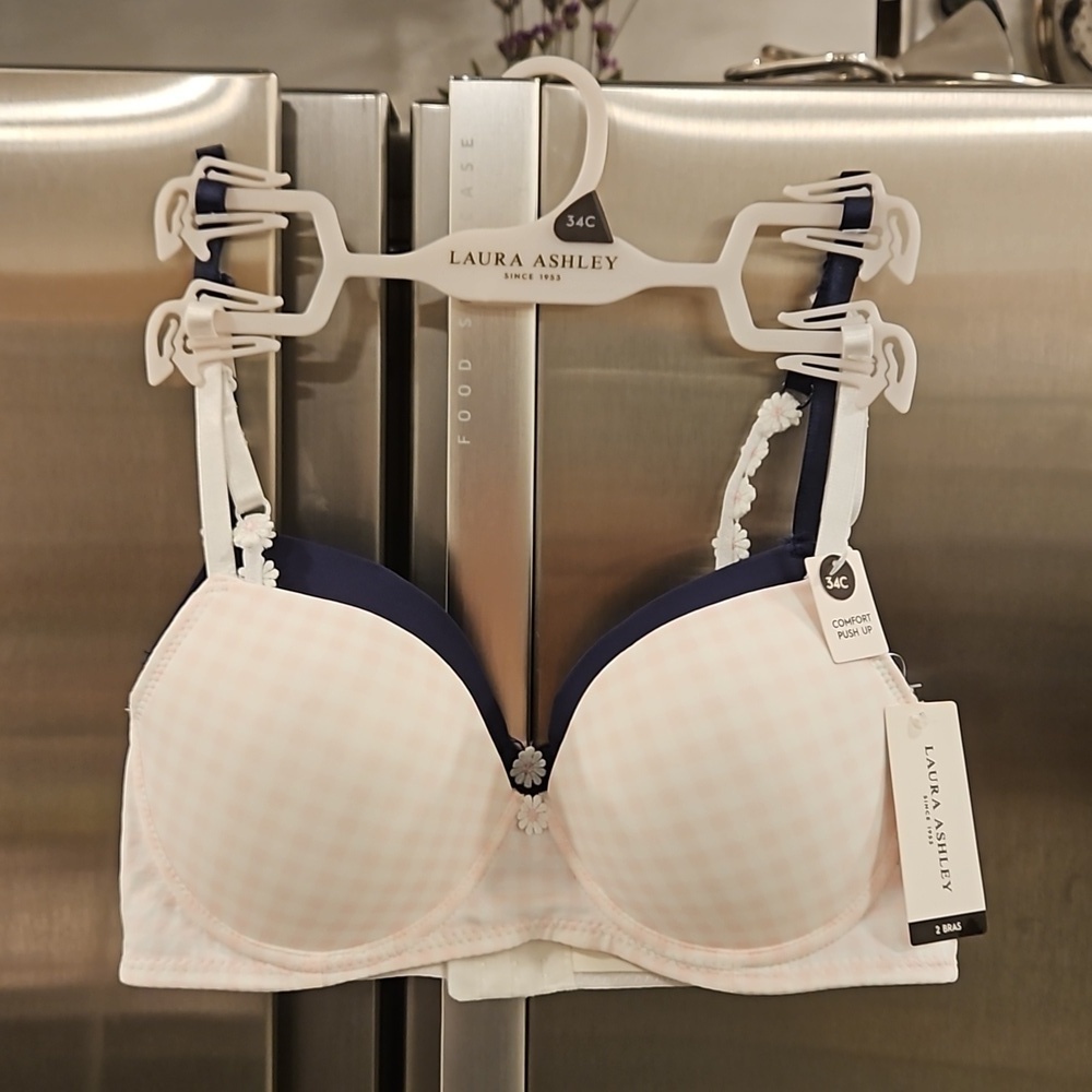 💕LAURA ASHLEY💕 Comfort Push Up Bras (2 Pack) Pink Checkers & Navy Blue 34C NWT